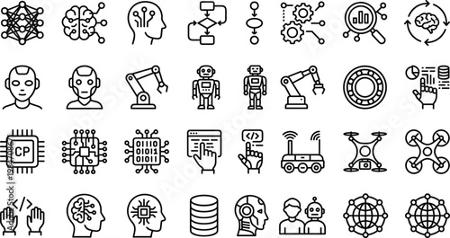 Artificial Intelligence and Robotics Line Icon Set with Machine Learning, Automation, Data Processing, Neural Networks, and Smart Technology Symbols for Web and App Design