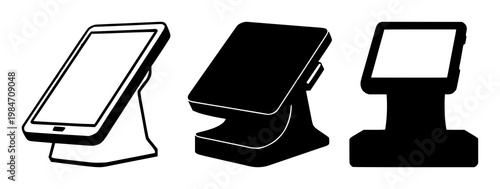 Point of sale terminal set with solid black icon on white background featuring icon, POS, terminal with black graphic and white background