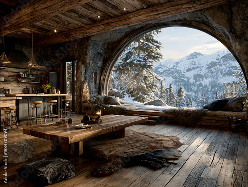A cozy, rustic log cabin interior with exposed stone walls, a massive arched window framing a snowy mountain landscape, and warm, handcrafted wooden furniture creating a perfect winter retreat.