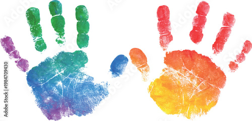 Photos Two colorful handprints, white background