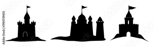 Sand castle set with black silhouette against white background featuring sand, beach, shoreline with silhouette and coastal scenery