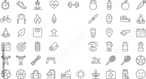 Fitness and Healthy Lifestyle Line Icon Set with Exercise, Sports, Nutrition, Workout, Wellness, Activity Tracking, and Health Symbols for Web and App Design