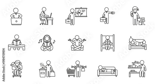 Collection of Simple Stick Figure Icons Representing Various Human Activities.