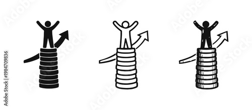 Financial Prosperity and Success Icons with Man on Coin Stack
