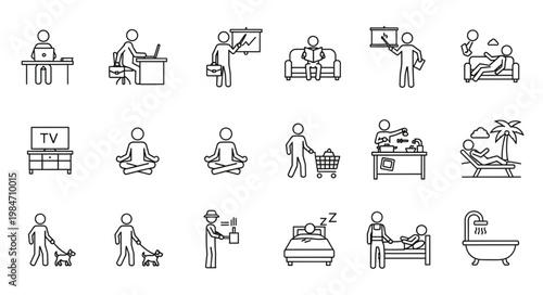 Collection of Simple Line Art Icons Depicting Daily Life Activities.