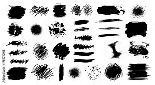 Brushstrokes set with black grunge textures and splatters, abstract artistic elements. featuring strokes, brush, marks with splats and smudges