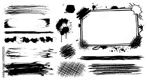 Brush stroke set with black ink splatters and grunge effects for artistic design featuring paint splatter, vector illustration, abstract art with
