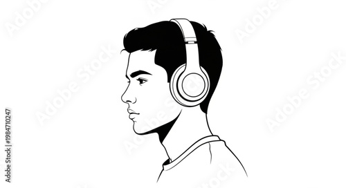 Young Man Profile Wearing Over Ear Headphones.