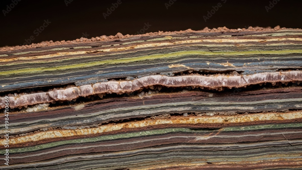 Fototapeta premium Close-up of layered rock formations with varying colors and textures