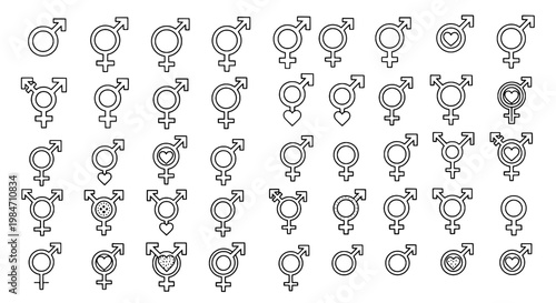 Gender symbols vector set with male female and combined icons, outlined in black on white background