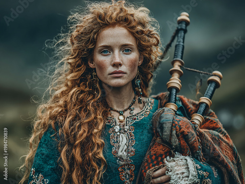 A woman with long curly red hair and freckles, dressed in a traditional embroidered teal gown, plays the bagpipes with closed eyes in a misty Scottish Highland mountain landscape.