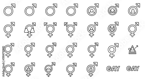 Gender symbols line icon set with various LGBT flags and markings in minimalistic style featuring gay pride, transgender symbol, LGBTQ+ with sexual