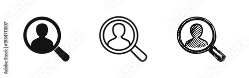 Talent headhunting and search icon set, magnifying glass over human profile