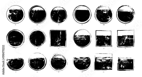 Badges grunge set with black circles and squares, distressed textures and worn effects, abstract shapes.