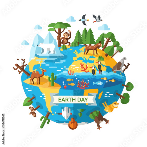 Planet Earth with diverse animals, trees, and oceans - Earth Day concept
