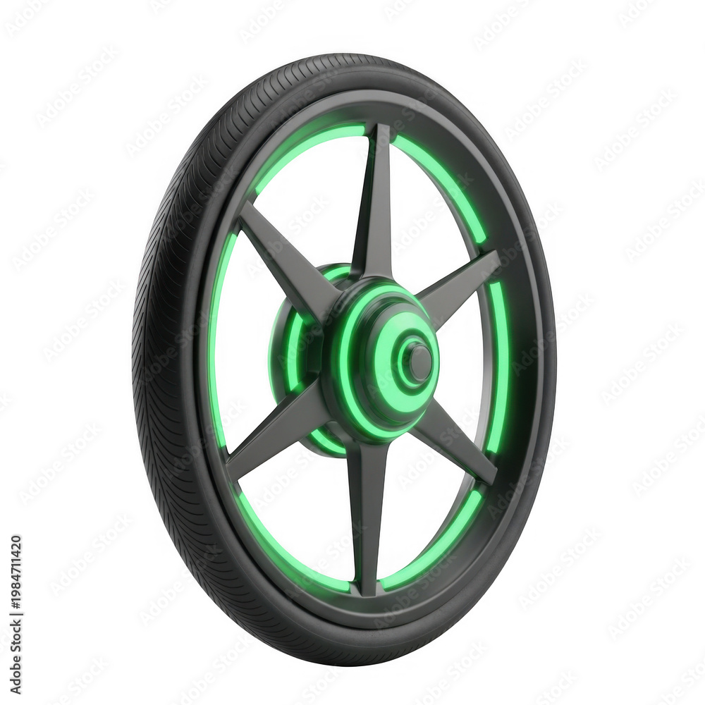 Fototapeta premium Green rimmed bicycle wheel with silver spokes and hub isolated on transparent background
