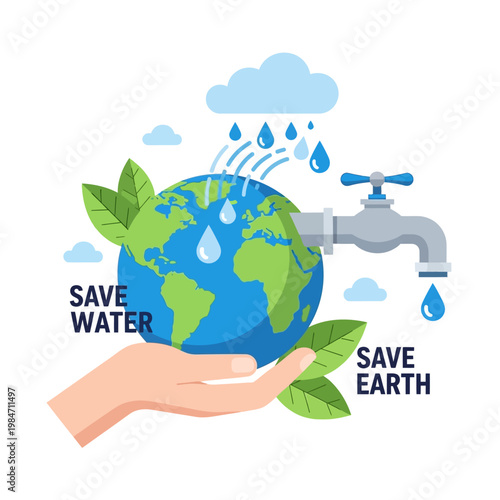 Save Water Save Earth: Hand Holding Planet Earth with Rain and Leaking Faucet