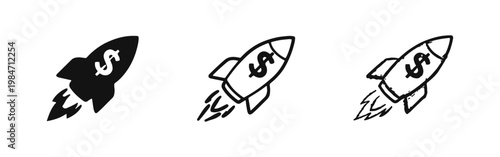 Business profit and money growth icon set, rocket with dollar symbol for startup success