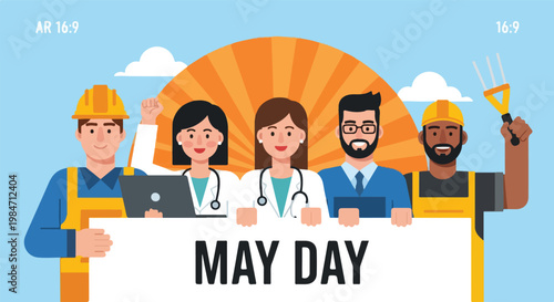 Workers Holding May Day Sign.