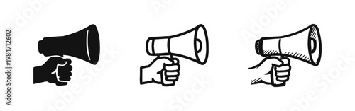 Hand Holding Megaphone Icon Set for Public Announcement and Marketing in Three Styles