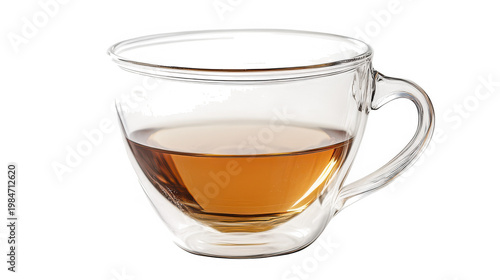 A clear glass mug filled with tea on transparent background