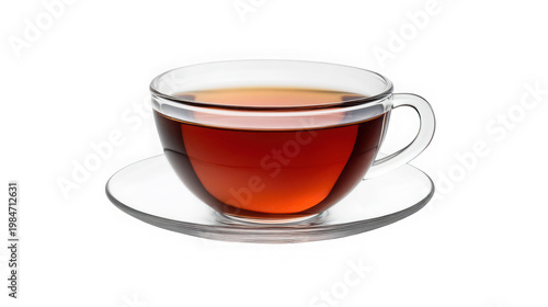A clear glass cup of tea on a saucer on transparent background