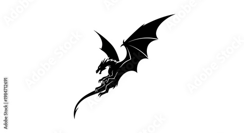 Silhouette of a Black Dragon in Flight with Wings Spread Against White Background