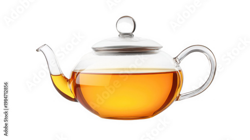 A glass teapot filled with tea on transparent background
