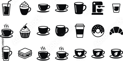 Coffee and Beverage Icon Set with Cups, Espresso, Latte, Cafe Drinks, Desserts, and Coffee Machine Symbols for Food and Drink Design