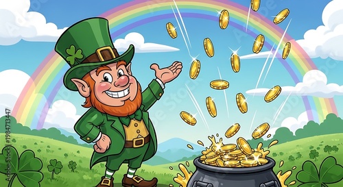 Leprechaun with gold coins rainbow.