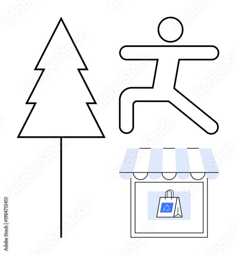 Outdoor activities, e-commerce, sustainability, shopping concepts, fitness, nature preservation. Stylized tree, jumping figure storefront with shopping bag. Outdoor activities and e-commerce