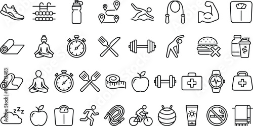 Fitness and Healthy Lifestyle Line Icon Set with Exercise, Workout, Nutrition, Sports Activity, Wellness, and Health Tracking Symbols for Web and App Design