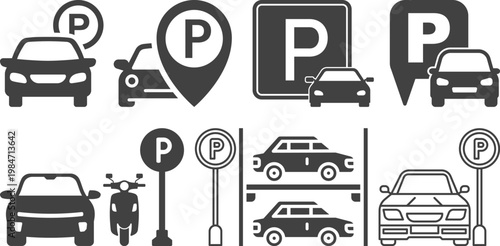 Parking icon set with cars, parking signs, maps and vehicles in flat blue and gray style isolated on white background, perfect for navigation apps, transport and urban design projects.