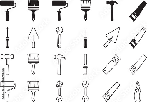 Collection of black and white hand tools for painting repair and construction