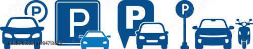 Parking icon set with cars, parking signs, maps and vehicles in flat blue and gray style isolated on white background, perfect for navigation apps, transport and urban design projects.