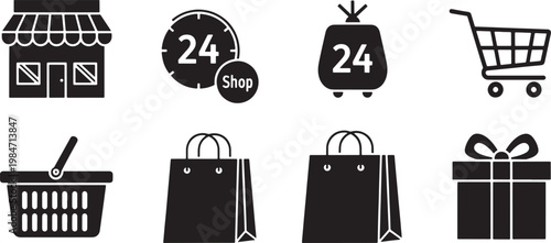Black silhouette icons representing shopping retail and 24 hour services