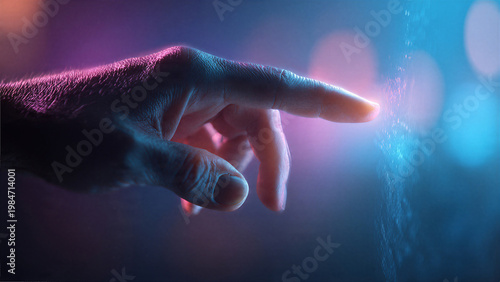Hand touching neon light interface in futuristic environment glowing elements and soft blur background for modern tech concept