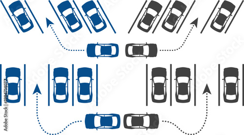 Parking icon set with cars, parking signs, maps and vehicles in flat blue and gray style isolated on white background, perfect for navigation apps, transport and urban design projects.