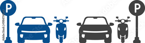 Parking icon set with cars, parking signs, maps and vehicles in flat blue and gray style isolated on white background, perfect for navigation apps, transport and urban design projects.