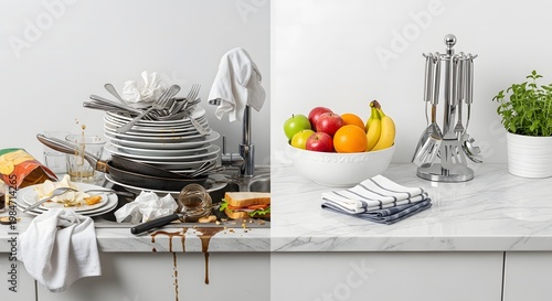 Kitchen Organization Before and After Comparison, Messy Dirty Dishes vs Tidy Neat Countertop with Fruit Bowl and Utensils, Professional Cleaning and Decluttering Concept.