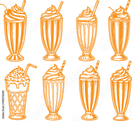 a set of eight milkshakes with straws in them Vector, illustration