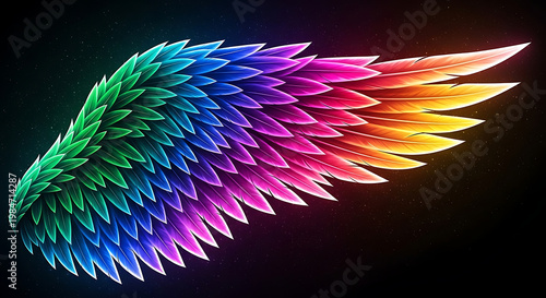 A vibrant rainbow-colored wing with sharp feathers against a dark background