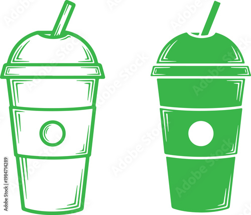 a green and white drawing of two cups with straws Vector, illustration