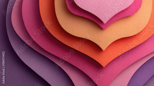 Abstract layered paper art in warm pink and orange tones.