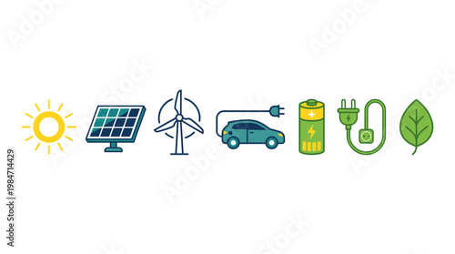 Renewable energy sources power an eco friendly electric car with solar panels and wind turbines nearby.