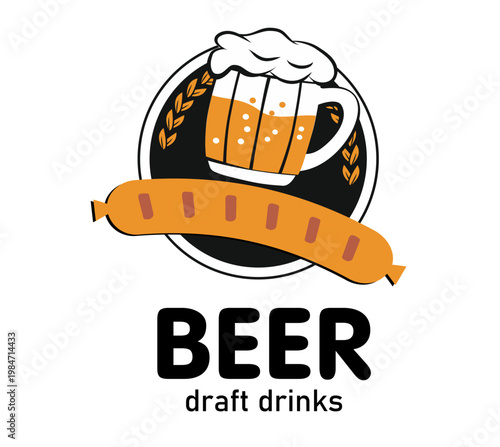 One mug of beer. Vector illustration of a beer sign. Orange and yellow splashes of drink in a mug. Flat style.