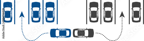 Parking icon set with cars, parking signs, maps and vehicles in flat blue and gray style isolated on white background, perfect for navigation apps, transport and urban design projects.