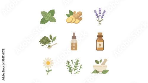 Herbal remedies displayed with various plants and bottles on a clean surface from a neutral viewpoint.