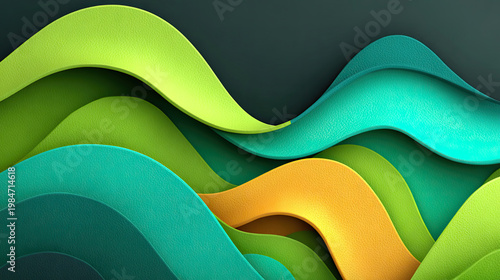 Abstract Paper Cut Waves in Green Teal and Yellow.