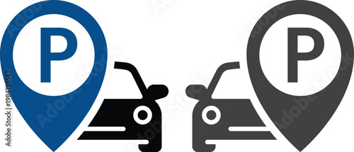 Parking icon set with cars, parking signs, maps and vehicles in flat blue and gray style isolated on white background, perfect for navigation apps, transport and urban design projects.
